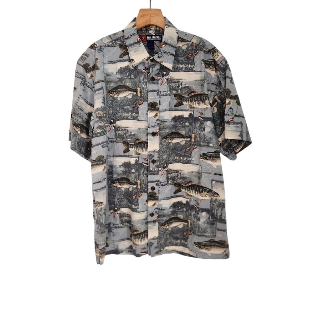 Reel Legends Shirt Button Up All Over‎ Fish Print Florida Tropical Fishing Large
